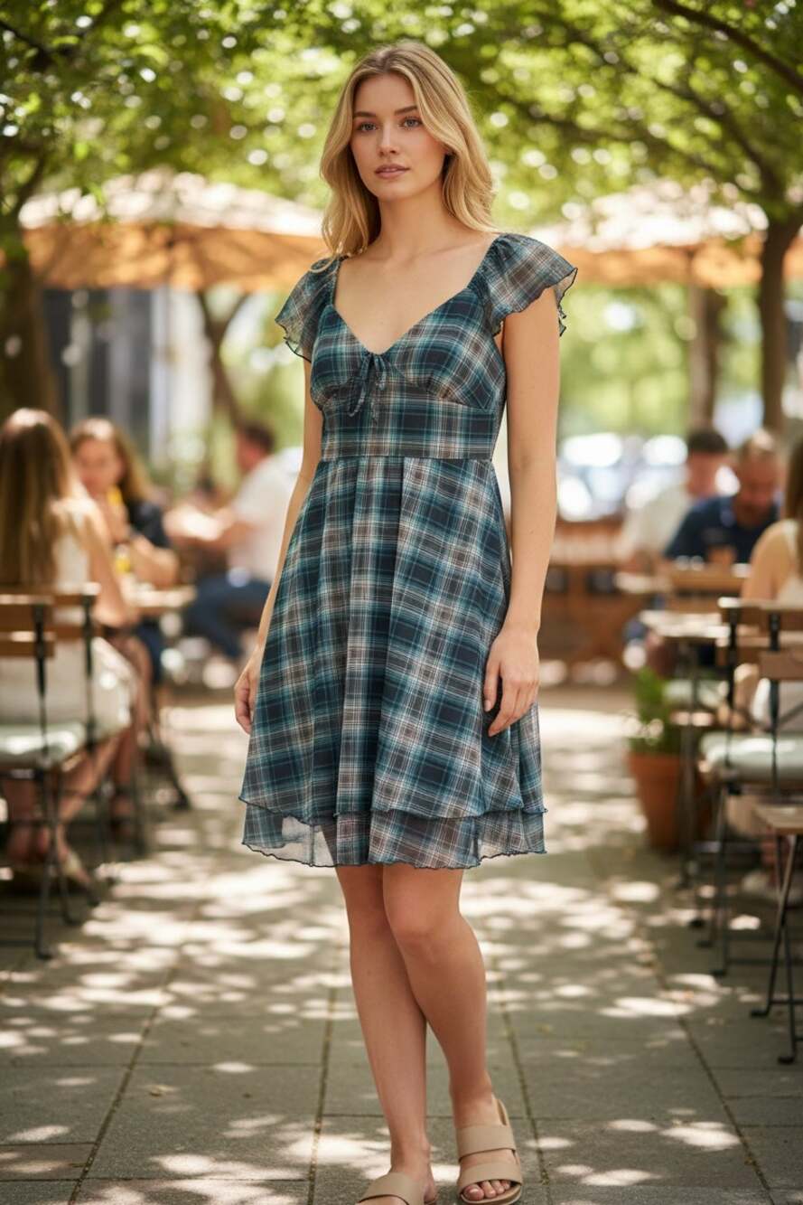 WILD FABLE Mini Dress Size S Flutter Short Sleeve Flare Skater Dress Blue Plaid